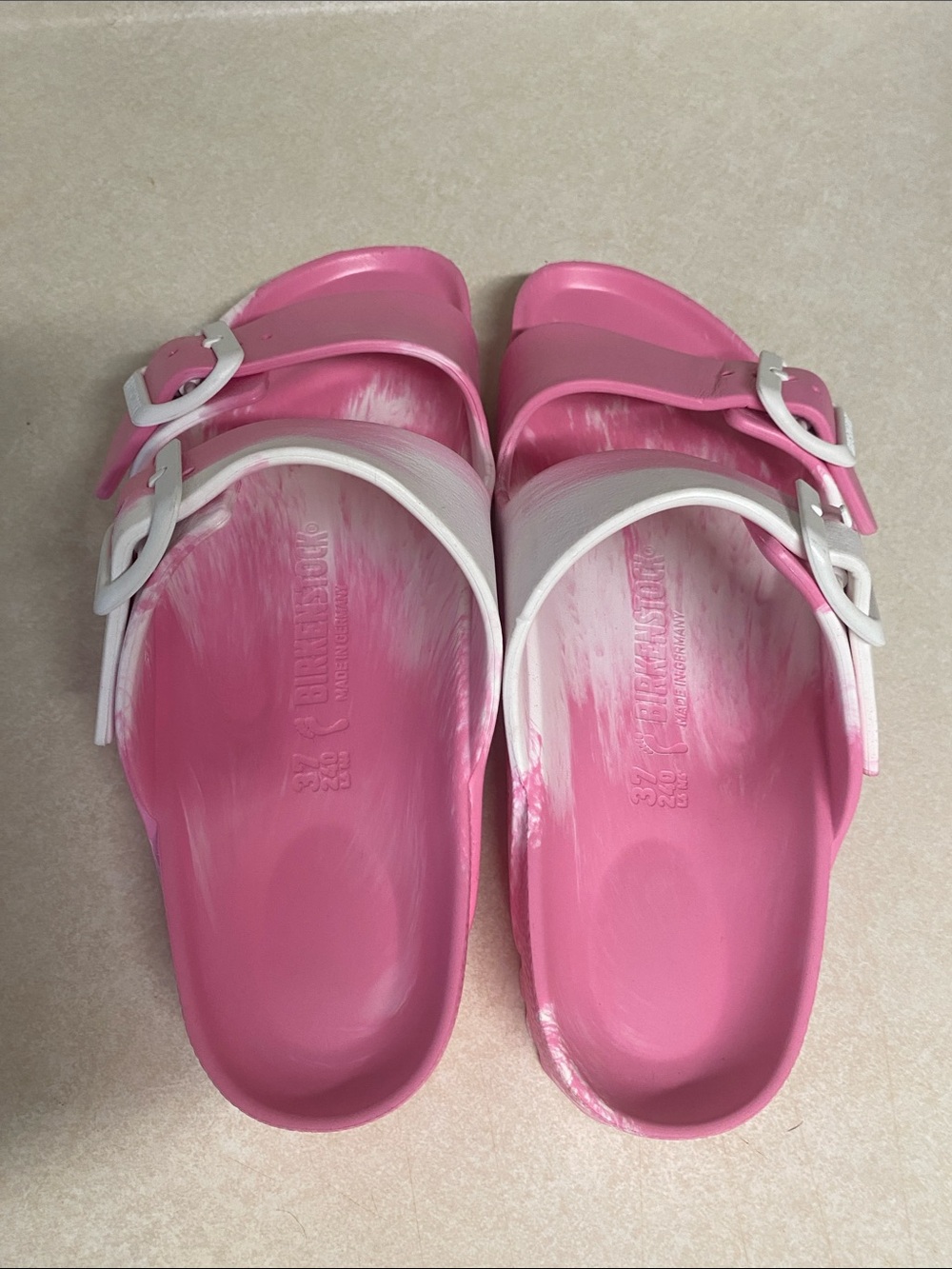 Birkenstock Pink and White Two-Strap EVA Slides L6 - Picture 4 of 10